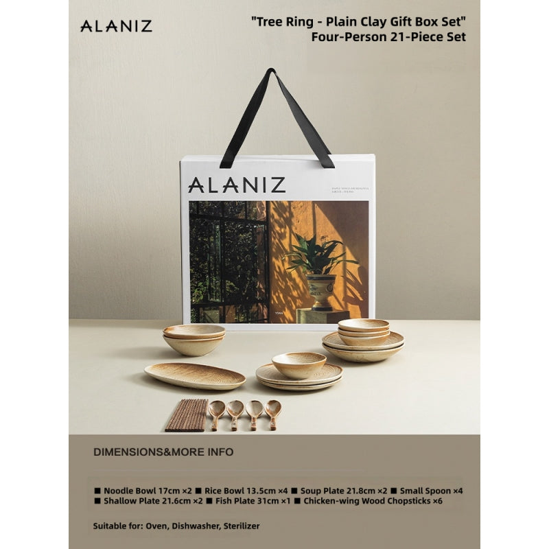 ALANIZ Year-Ring Stoneware Dinnerware Set – Japanese Retro Reactive Glaze Plates & Bowls, 12/21/29/37 Piece Service for 2/4/6/8, Oven & Microwave Safe, Vintage Yellow Ceramic Tableware