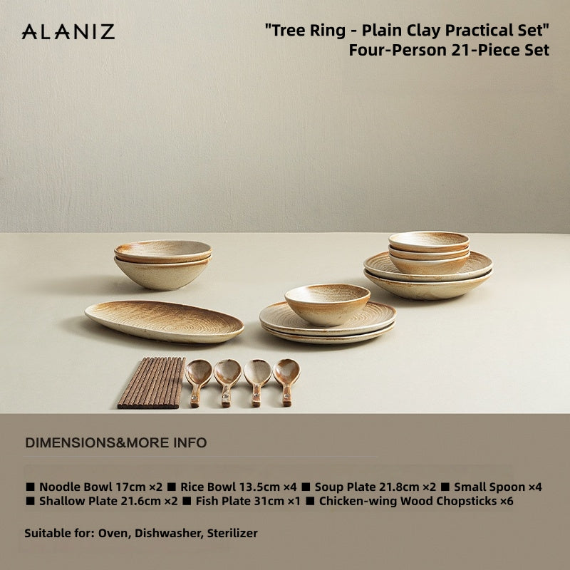 ALANIZ Year-Ring Stoneware Dinnerware Set – Japanese Retro Reactive Glaze Plates & Bowls, 12/21/29/37 Piece Service for 2/4/6/8, Oven & Microwave Safe, Vintage Yellow Ceramic Tableware