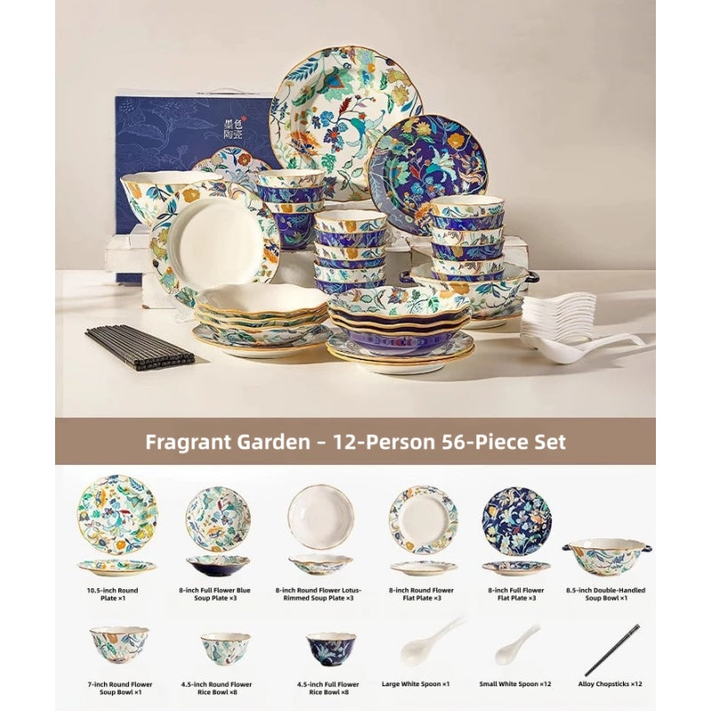 MOSE Oriental Ceramic Dinnerware Collection – 3 Series (Hundred Flowers Scroll, Man Ting Fang, Flower Encounter), 9-Piece to 56-Piece Gift Box Sets, Service for 2 to 12, Lead-Free Porcelain, Wedding & Housewarming Gift