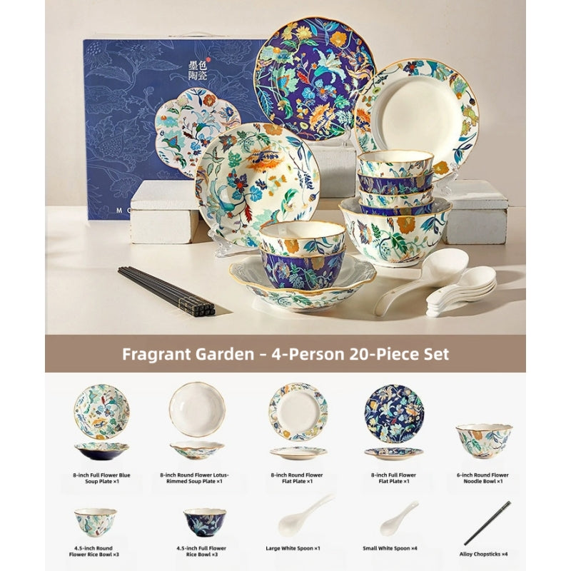 MOSE Oriental Ceramic Dinnerware Collection – 3 Series (Hundred Flowers Scroll, Man Ting Fang, Flower Encounter), 9-Piece to 56-Piece Gift Box Sets, Service for 2 to 12, Lead-Free Porcelain, Wedding & Housewarming Gift