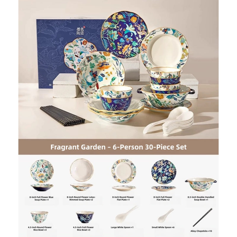 MOSE Oriental Ceramic Dinnerware Collection – 3 Series (Hundred Flowers Scroll, Man Ting Fang, Flower Encounter), 9-Piece to 56-Piece Gift Box Sets, Service for 2 to 12, Lead-Free Porcelain, Wedding & Housewarming Gift
