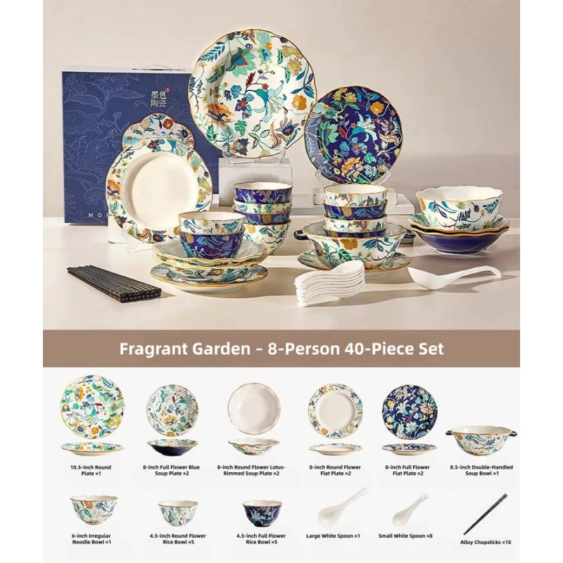 MOSE Oriental Ceramic Dinnerware Collection – 3 Series (Hundred Flowers Scroll, Man Ting Fang, Flower Encounter), 9-Piece to 56-Piece Gift Box Sets, Service for 2 to 12, Lead-Free Porcelain, Wedding & Housewarming Gift