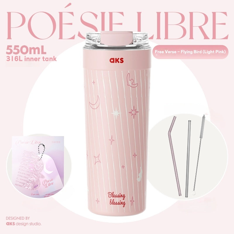 AKS Poésie Libre Tumbler 550ml Stainless Steel Travel Mug, 3-Way Lid, Vacuum Insulated, BPA-Free, 316L Interior, Leakproof - For Coffee & Cold Beverages