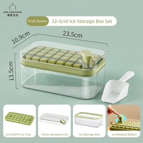 MDZF SWEET HOME Instant-Release Ice Cube Tray Set - 64 Cells, Food-Grade, Stackable, One-Press Ice Maker with Ice Scoop (Orange, Purple, Green, White)