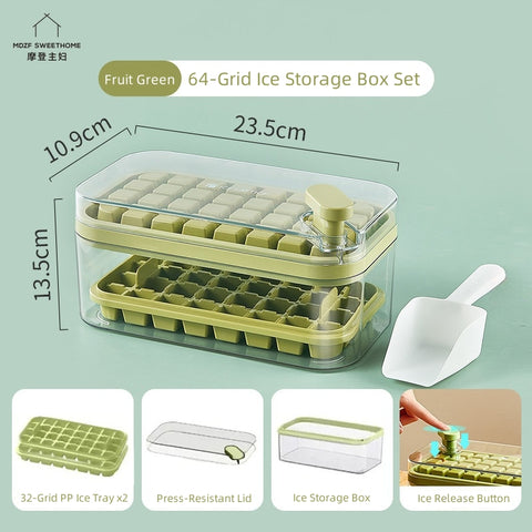 MDZF SWEET HOME Instant-Release Ice Cube Tray Set - 64 Cells, Food-Grade, Stackable, One-Press Ice Maker with Ice Scoop (Orange, Purple, Green, White)