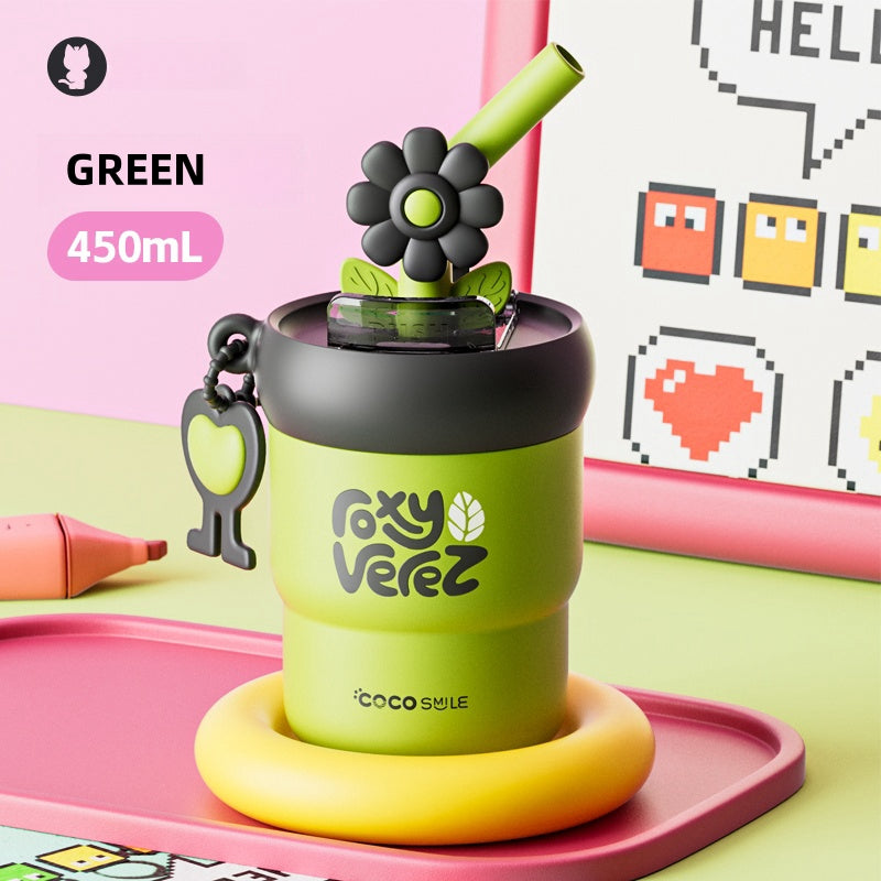 2024 Trendy COCO SMILE Portable Flower Thermos Mug - 450ML | Dual-Use Straw Cup for Hot and Cold Beverages