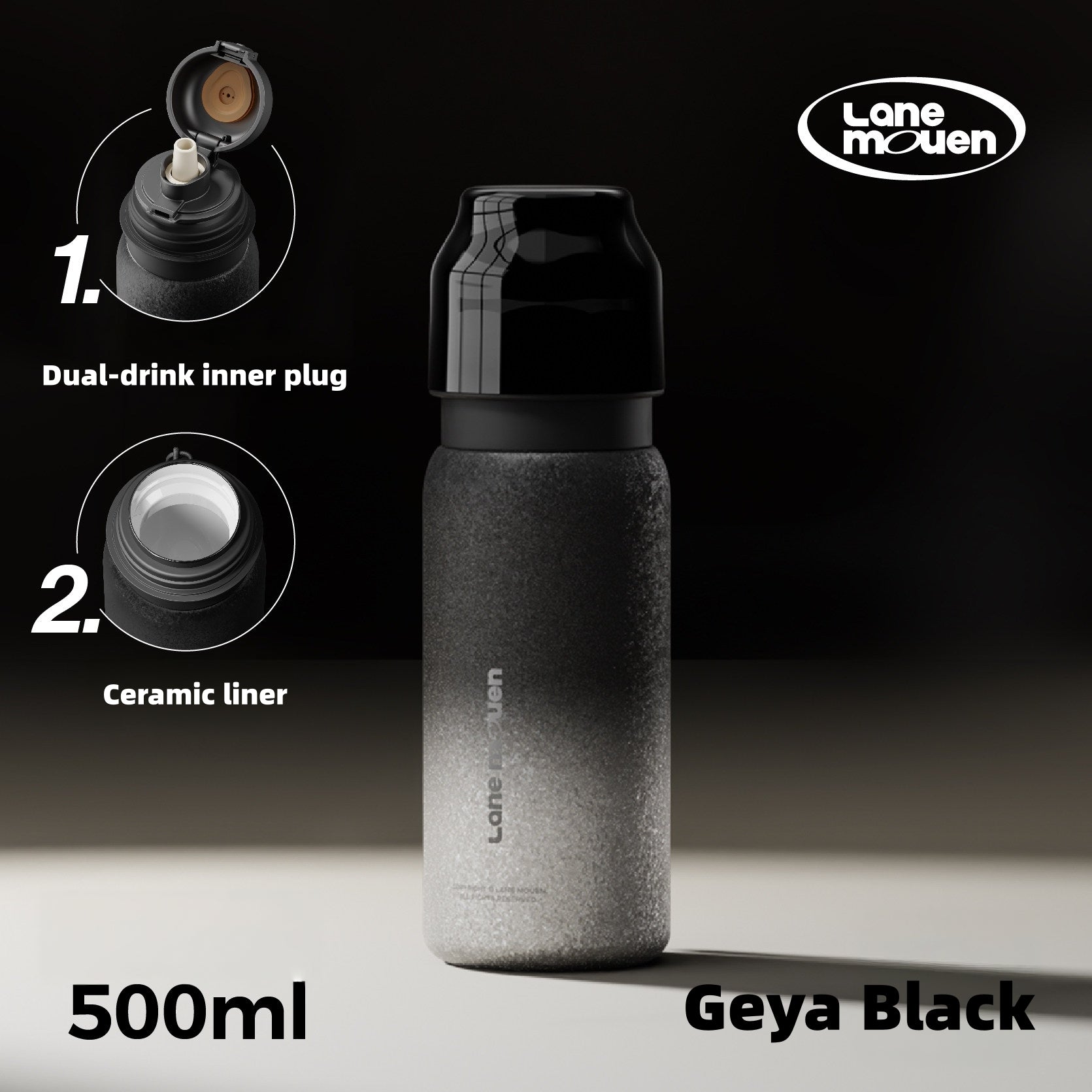 Lane Mouen Ceramic-Lined Insulated Water Bottle 17oz (500ml) – 2-in-1 Straw & Chug Lid, Leak-Proof 360° Travel Flask with Detachable Cup Cap, 6-Hour Heat & Cold Retention, BPA-Free for Office, Car & Gym (Elegant White/Black)