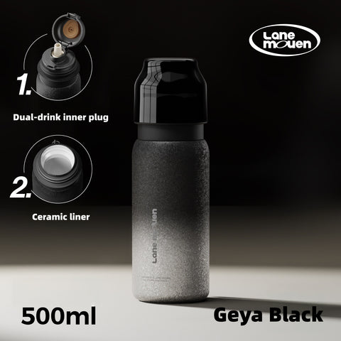 Lane Mouen Ceramic-Lined Insulated Water Bottle 17oz (500ml) – 2-in-1 Straw & Chug Lid, Leak-Proof 360° Travel Flask with Detachable Cup Cap, 6-Hour Heat & Cold Retention, BPA-Free for Office, Car & Gym (Elegant White/Black)