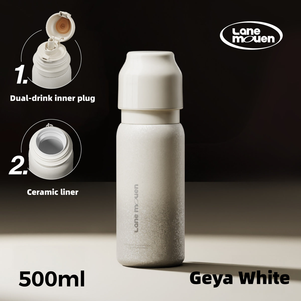 Lane Mouen Ceramic-Lined Insulated Water Bottle 17oz (500ml) – 2-in-1 Straw & Chug Lid, Leak-Proof 360° Travel Flask with Detachable Cup Cap, 6-Hour Heat & Cold Retention, BPA-Free for Office, Car & Gym (Elegant White/Black)