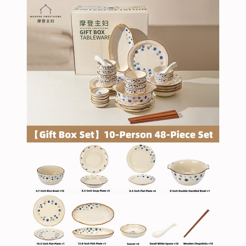 Modern Sweet Home Blue Floral Dinnerware Set – Reactive Glaze Ceramic, Hand-Pinched Texture, Microwave & Dishwasher Safe (Diverse Shapes for Salad, Pasta, Soup)