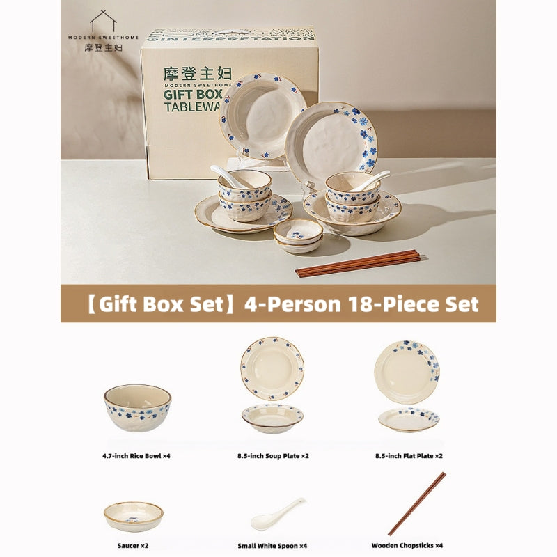 Modern Sweet Home Blue Floral Dinnerware Set – Reactive Glaze Ceramic, Hand-Pinched Texture, Microwave & Dishwasher Safe (Diverse Shapes for Salad, Pasta, Soup)