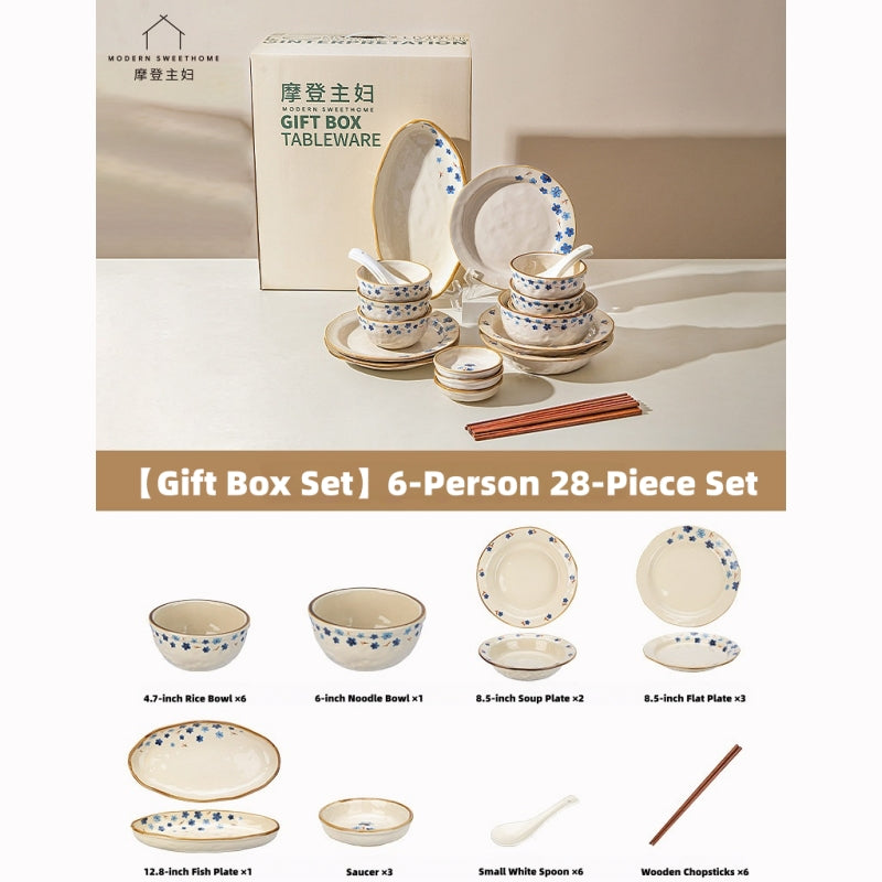Modern Sweet Home Blue Floral Dinnerware Set – Reactive Glaze Ceramic, Hand-Pinched Texture, Microwave & Dishwasher Safe (Diverse Shapes for Salad, Pasta, Soup)