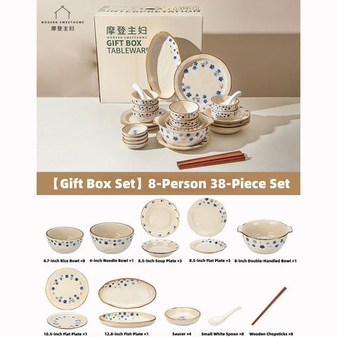 Modern Sweet Home Blue Floral Dinnerware Set – Reactive Glaze Ceramic, Hand-Pinched Texture, Microwave & Dishwasher Safe (Diverse Shapes for Salad, Pasta, Soup)