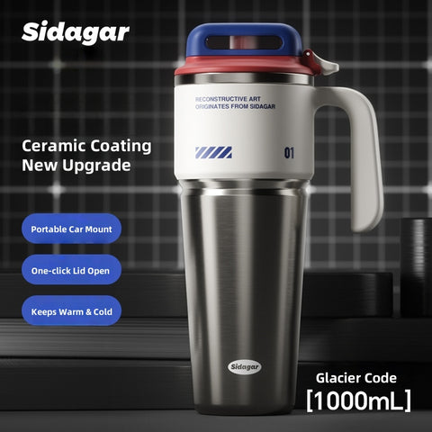 Sidagar Cyber Reconstruction Ice Dominator Cup – 1000ml Insulated Water Bottle with One-Hand Open Lid, Leak-Proof Stainless Steel Thermos for Fitness, Travel, and Daily Use