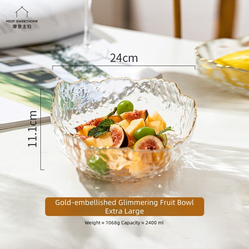 MDZF SWEET HOME Gilded Wave Glass Fruit Bowl Set - Hand-Painted Gold Trim, 3-Piece Photogenic Serving Bowls for Desserts, Salads & Snacks