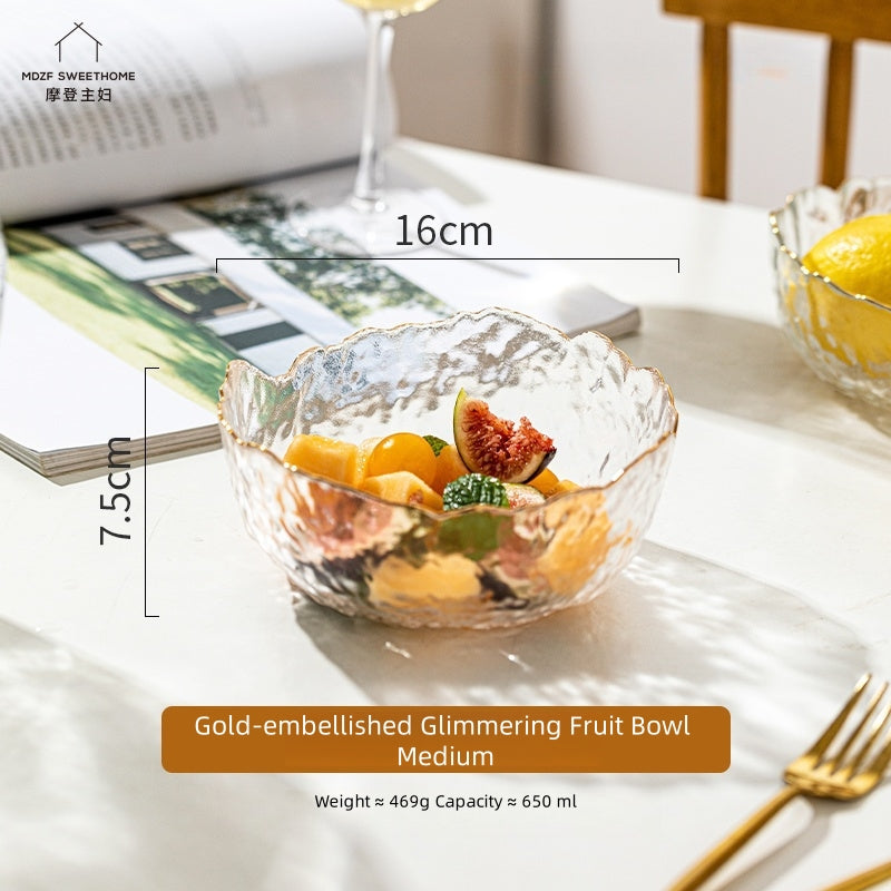 MDZF SWEET HOME Gilded Wave Glass Fruit Bowl Set - Hand-Painted Gold Trim, 3-Piece Photogenic Serving Bowls for Desserts, Salads & Snacks