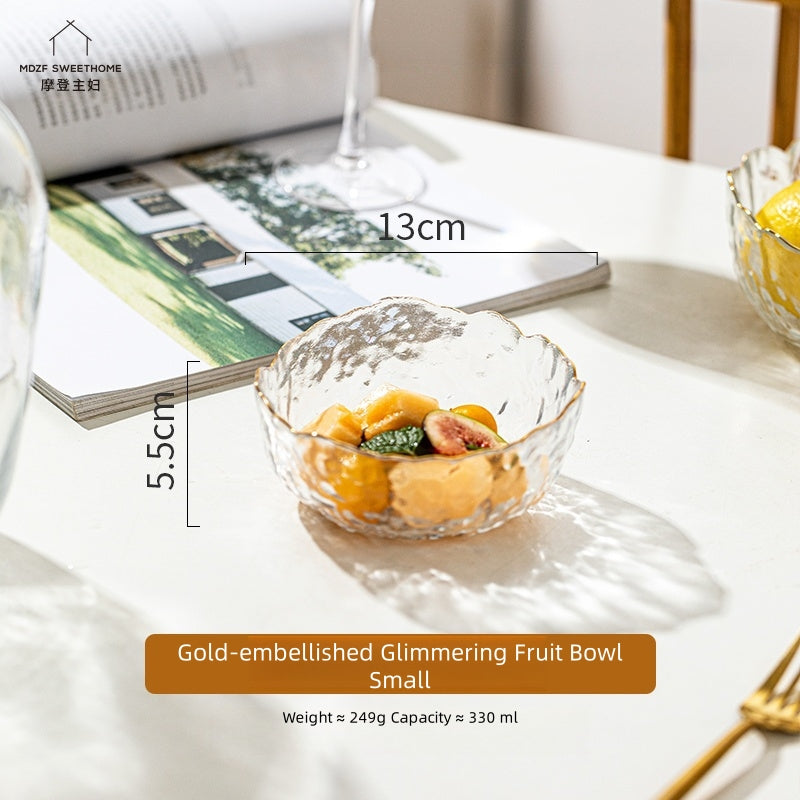 MDZF SWEET HOME Gilded Wave Glass Fruit Bowl Set - Hand-Painted Gold Trim, 3-Piece Photogenic Serving Bowls for Desserts, Salads & Snacks