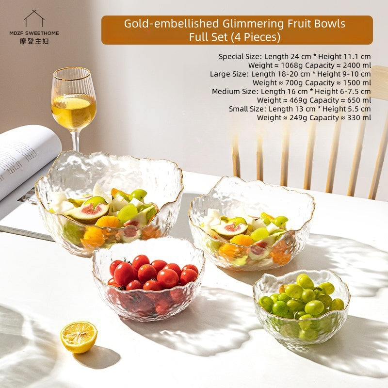 MDZF SWEET HOME Gilded Wave Glass Fruit Bowl Set - Hand-Painted Gold Trim, 3-Piece Photogenic Serving Bowls for Desserts, Salads & Snacks