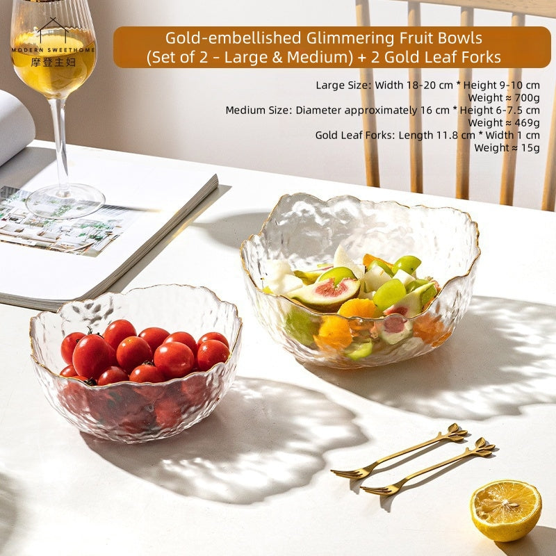 MDZF SWEET HOME Gilded Wave Glass Fruit Bowl Set - Hand-Painted Gold Trim, 3-Piece Photogenic Serving Bowls for Desserts, Salads & Snacks