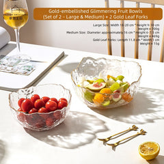 MDZF SWEET HOME Gilded Wave Glass Fruit Bowl Set - Hand-Painted Gold Trim, 3-Piece Photogenic Serving Bowls for Desserts, Salads & Snacks