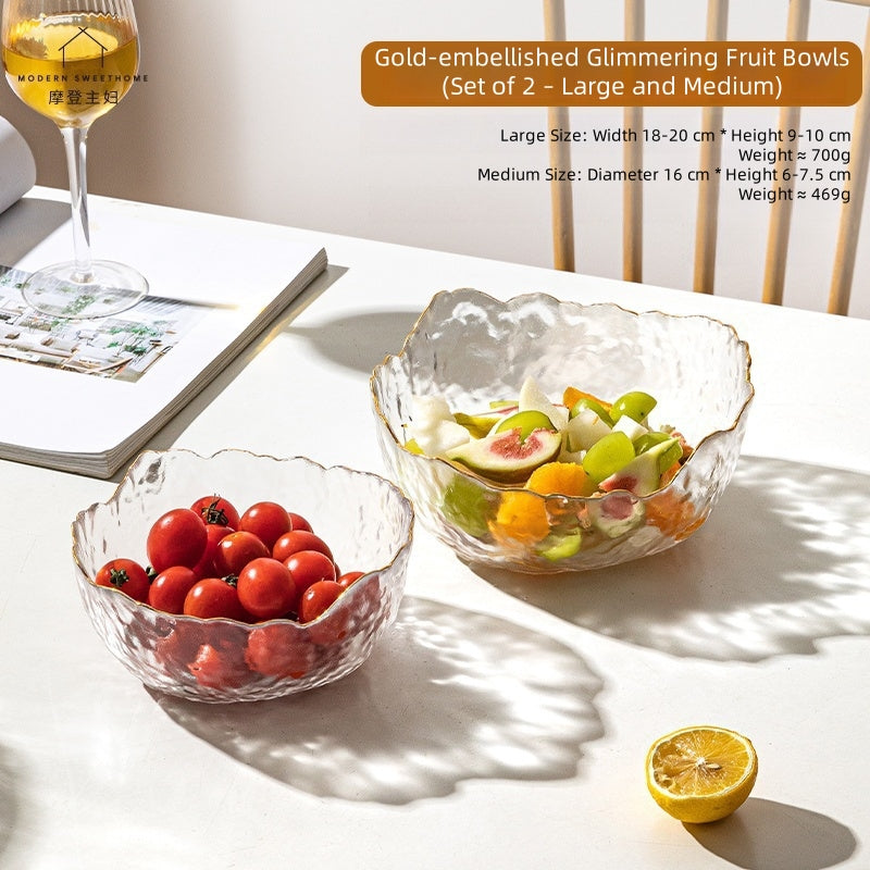 MDZF SWEET HOME Gilded Wave Glass Fruit Bowl Set - Hand-Painted Gold Trim, 3-Piece Photogenic Serving Bowls for Desserts, Salads & Snacks