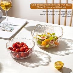 MDZF SWEET HOME Gilded Wave Glass Fruit Bowl Set - Hand-Painted Gold Trim, 3-Piece Photogenic Serving Bowls for Desserts, Salads & Snacks