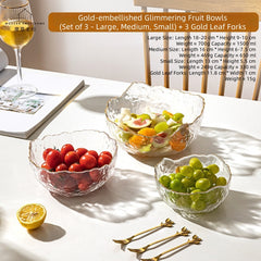 MDZF SWEET HOME Gilded Wave Glass Fruit Bowl Set - Hand-Painted Gold Trim, 3-Piece Photogenic Serving Bowls for Desserts, Salads & Snacks