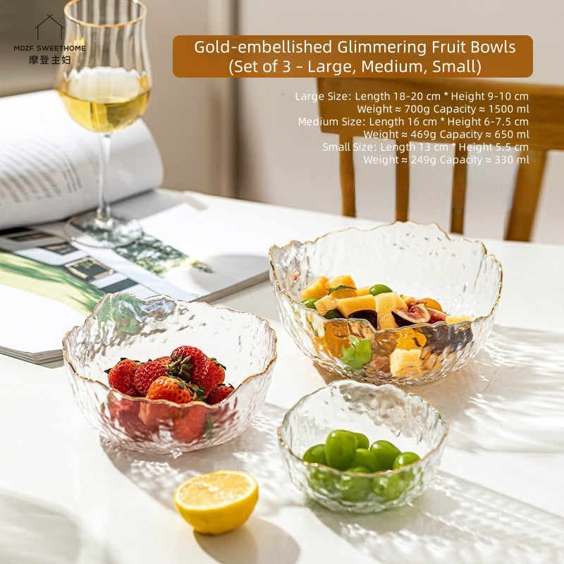 MDZF SWEET HOME Gilded Wave Glass Fruit Bowl Set - Hand-Painted Gold Trim, 3-Piece Photogenic Serving Bowls for Desserts, Salads & Snacks