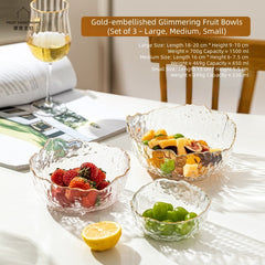 MDZF SWEET HOME Gilded Wave Glass Fruit Bowl Set - Hand-Painted Gold Trim, 3-Piece Photogenic Serving Bowls for Desserts, Salads & Snacks