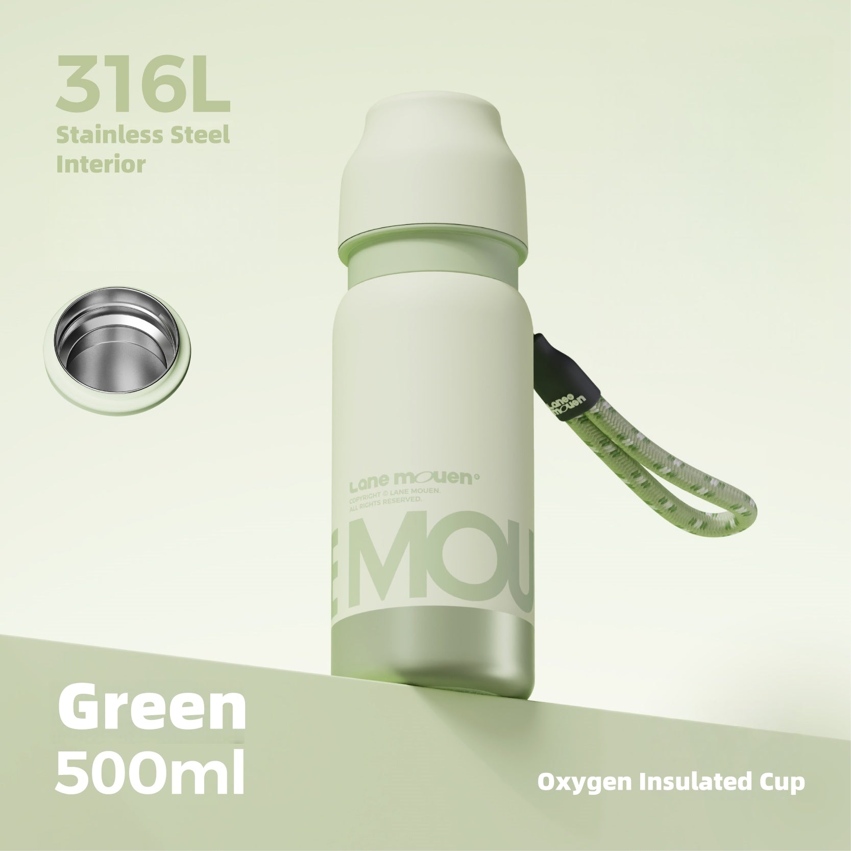 Lane Mouen Yuan Qi 500ml Insulated Bottle - 316L Stainless Steel, One-Touch Lid, Leakproof, for Hot & Cold Beverages