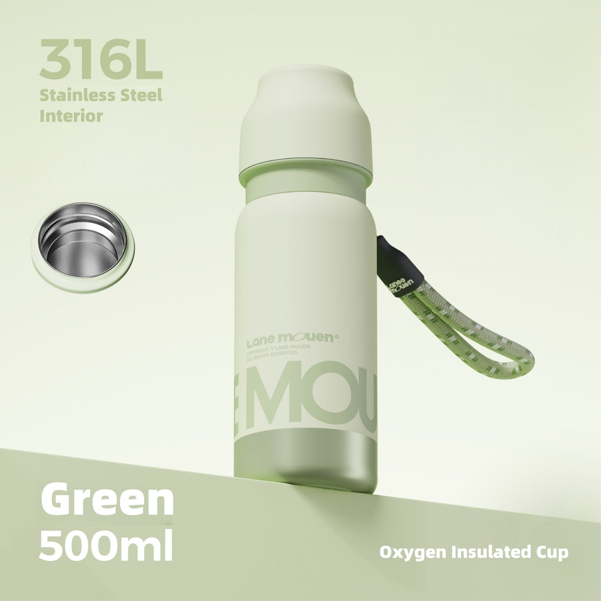 Lane Mouen Yuan Qi 500ml Insulated Bottle - 316L Stainless Steel, One-Touch Lid, Leakproof, for Hot & Cold Beverages