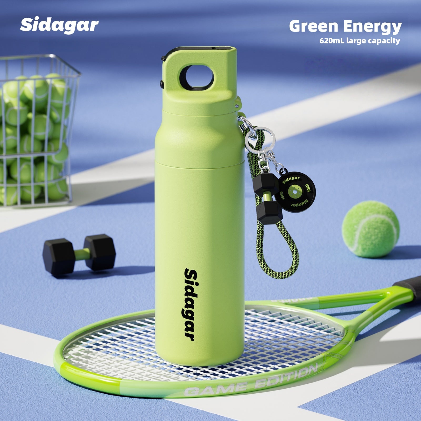 Sidagar Motive Force Rush 620ml Stainless Steel Insulated Water Bottle – One-Hand Open, Leak-Proof, Bike-Compatible, Dual Drinking Modes (White Surge/Green Energy)