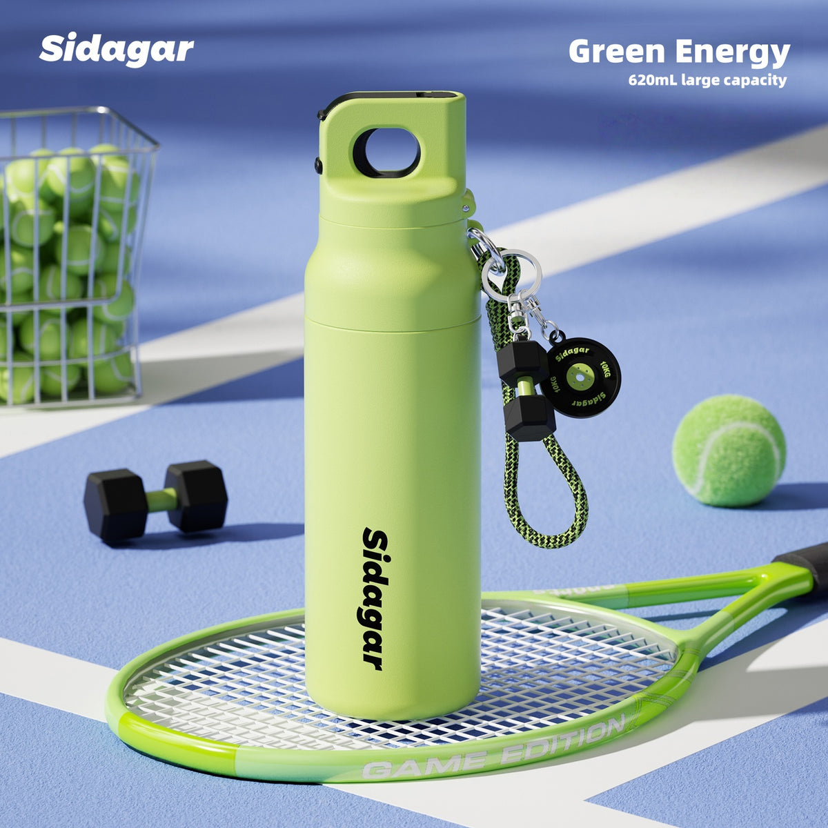 Sidagar Motive Force Rush 620ml Stainless Steel Insulated Water Bottle – One-Hand Open, Leak-Proof, Bike-Compatible, Dual Drinking Modes (White Surge/Green Energy)