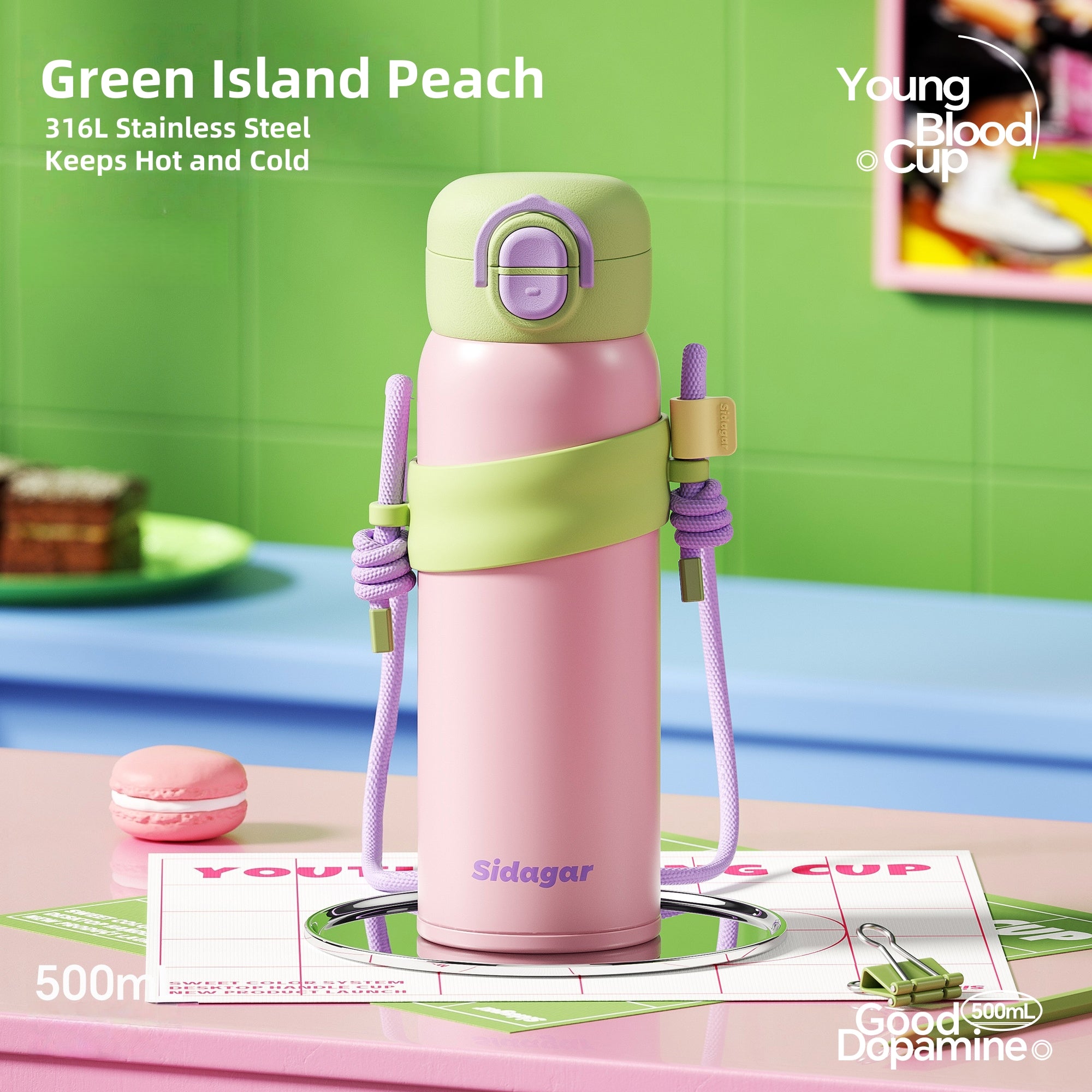 Sidagar Young Blood Cup - 500ml Leak Proof Insulated Stainle Steel Travel Tumbler with Strap, 316L Interior, Carry Handle & Silicone Sleeve for Hot/Cold Drinks