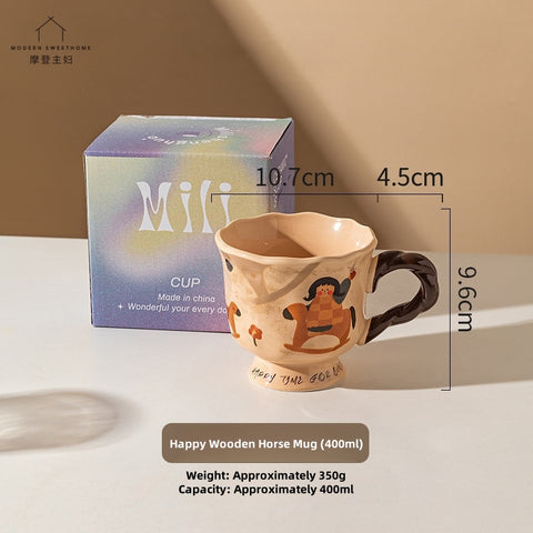 MDZF Artisan Ceramic Mug - 400ml Whimsical Animal Design, Microwave & Dishwasher Safe, High-Footed Retro Coffee Cup with Wavy Rim