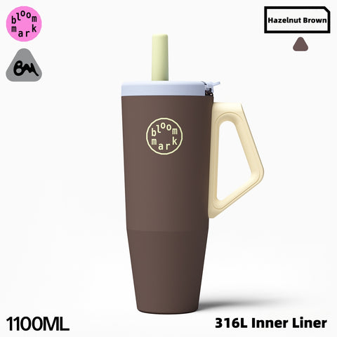 BloomMark 1100ml (40oz) One-Handed Insulated Tumbler with Straw & Handle – 316L Stainless Steel, Leakproof & Tritan Lid – 6H Hot/Cold, Fits Car Cup Holders