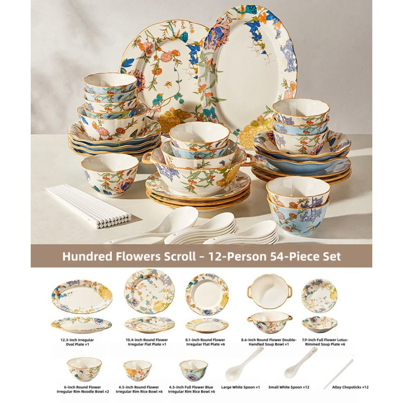 MOSE Oriental Ceramic Dinnerware Collection – 3 Series (Hundred Flowers Scroll, Man Ting Fang, Flower Encounter), 9-Piece to 56-Piece Gift Box Sets, Service for 2 to 12, Lead-Free Porcelain, Wedding & Housewarming Gift