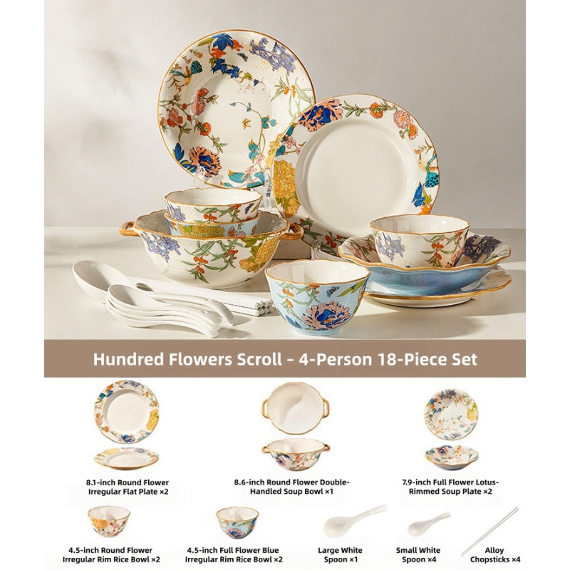 MOSE Oriental Ceramic Dinnerware Collection – 3 Series (Hundred Flowers Scroll, Man Ting Fang, Flower Encounter), 9-Piece to 56-Piece Gift Box Sets, Service for 2 to 12, Lead-Free Porcelain, Wedding & Housewarming Gift