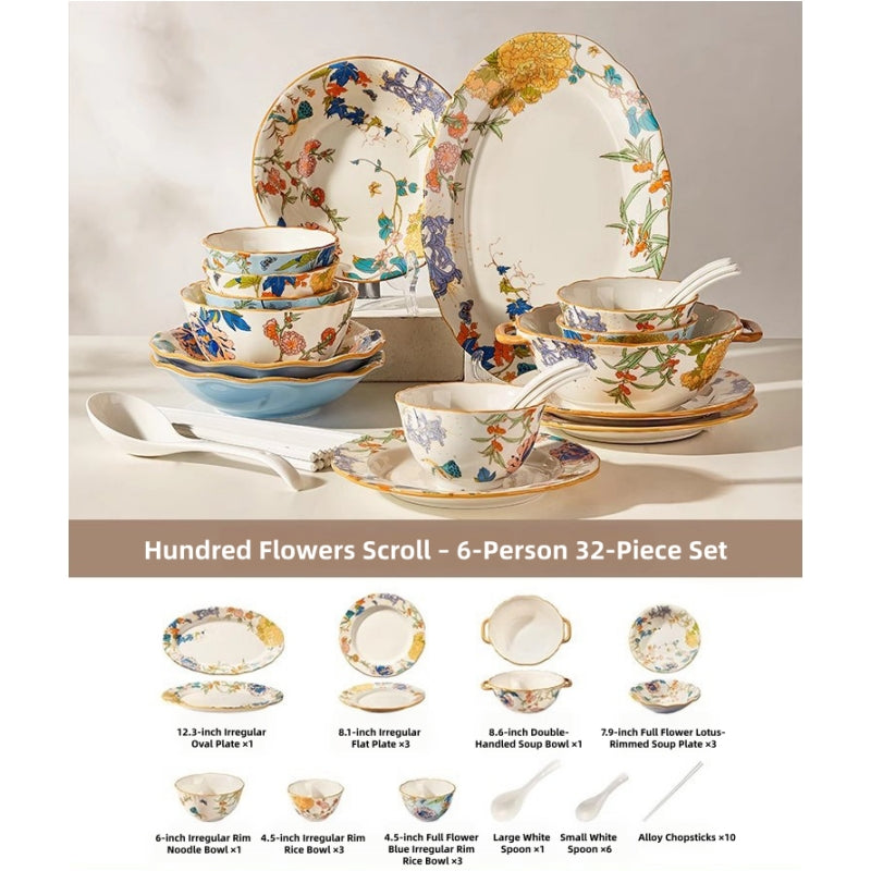 MOSE Oriental Ceramic Dinnerware Collection – 3 Series (Hundred Flowers Scroll, Man Ting Fang, Flower Encounter), 9-Piece to 56-Piece Gift Box Sets, Service for 2 to 12, Lead-Free Porcelain, Wedding & Housewarming Gift
