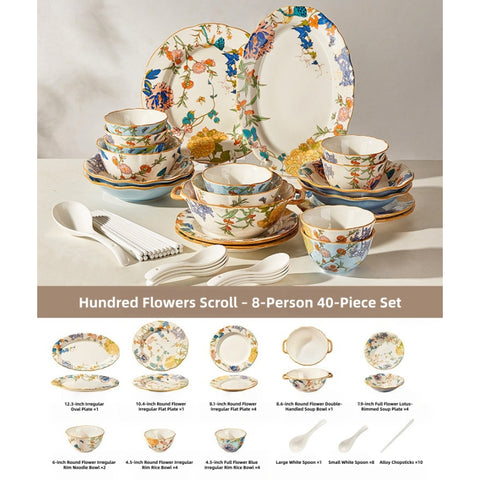 MOSE Oriental Ceramic Dinnerware Collection – 3 Series (Hundred Flowers Scroll, Man Ting Fang, Flower Encounter), 9-Piece to 56-Piece Gift Box Sets, Service for 2 to 12, Lead-Free Porcelain, Wedding & Housewarming Gift