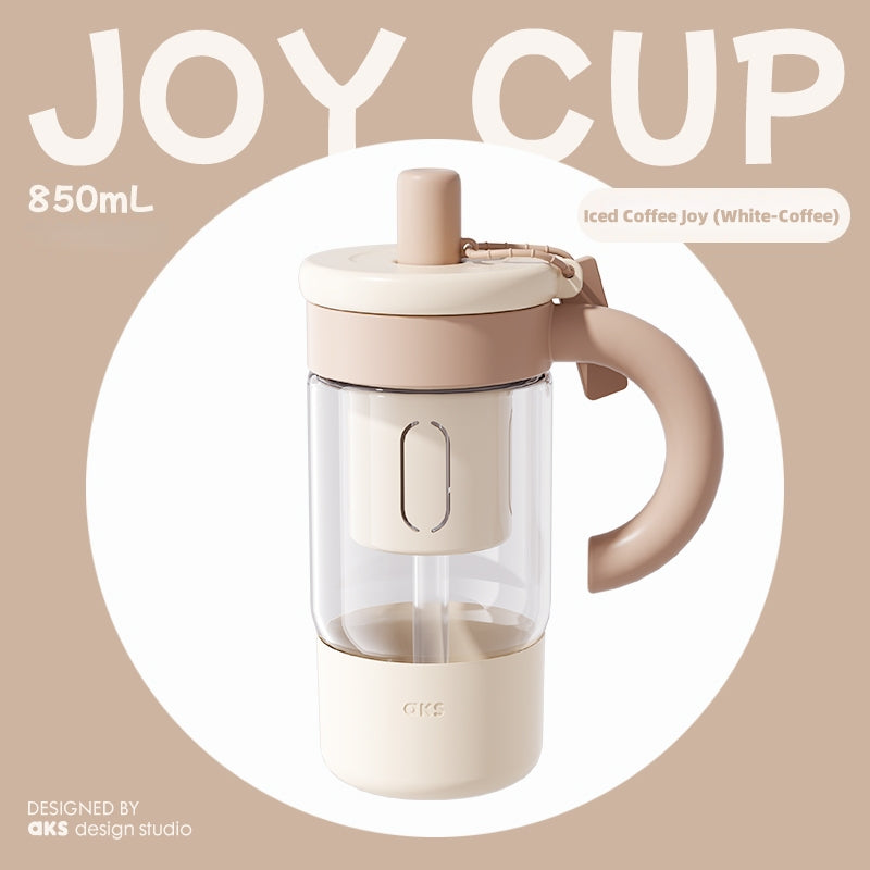 AKS JOY CUP 850mL Large Capacity Glass Tumbler with Tea Infuser & Straw - Leak-Proof, Heat-Resistant, with Handle and Detachable Lid for Iced Tea and Summer Drinks