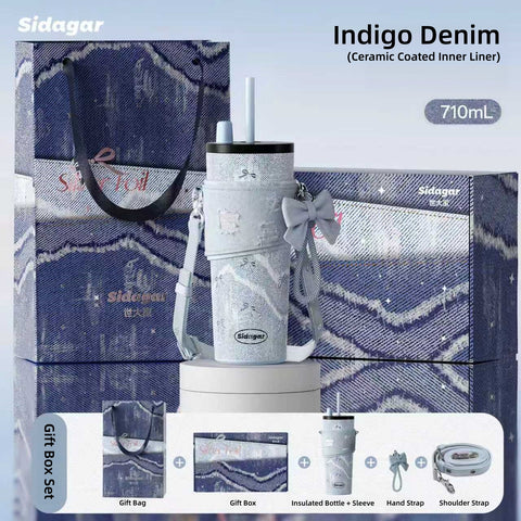 Sidagar Denim Aesthetic Insulated Tumbler with Straw & Strap – 710ml (24oz) Stainless Steel Water Bottle with Detachable Cup Sleeve, Bow Charm & Crossbody Bag, Leakproof Travel Mug for Women