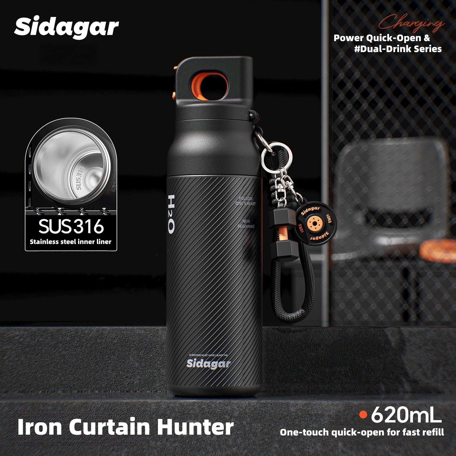 Sidagar 620ml Insulated Water Bottle, 316 Stainless Steel Tumbler with Dual Lid (Straw & Chug), 24H Cold & 12H Hot Leakproof Flask, One-Click Open for Gym, Office, Car Cup Holder
