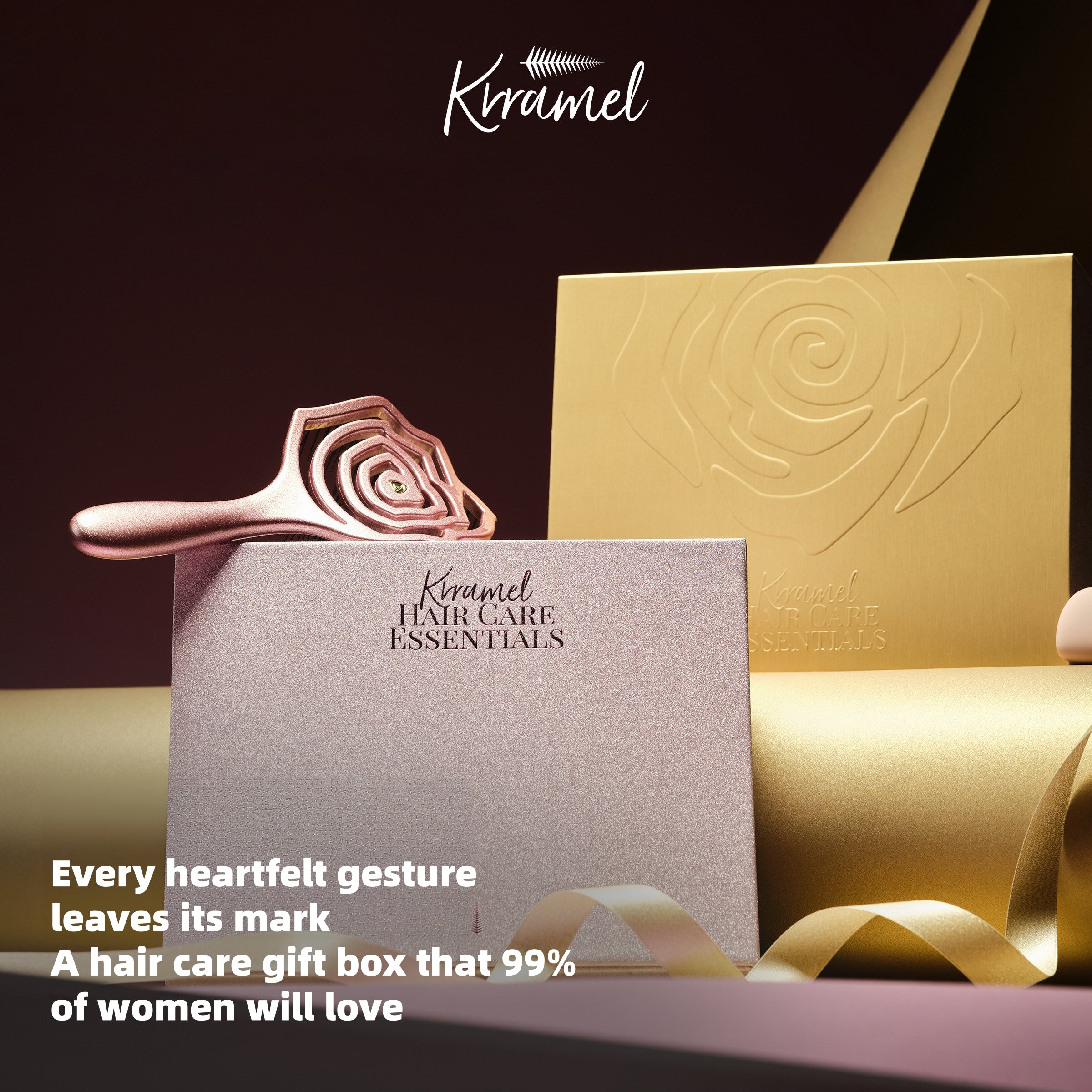 KRRAMEL Rose Gold Luxury Hairbrush: Anti-Static Detangling Brush with Air Cushion for Scalp Massage, Voluminous Roots & Hair Shine - 21.5cm Premium Gift Box