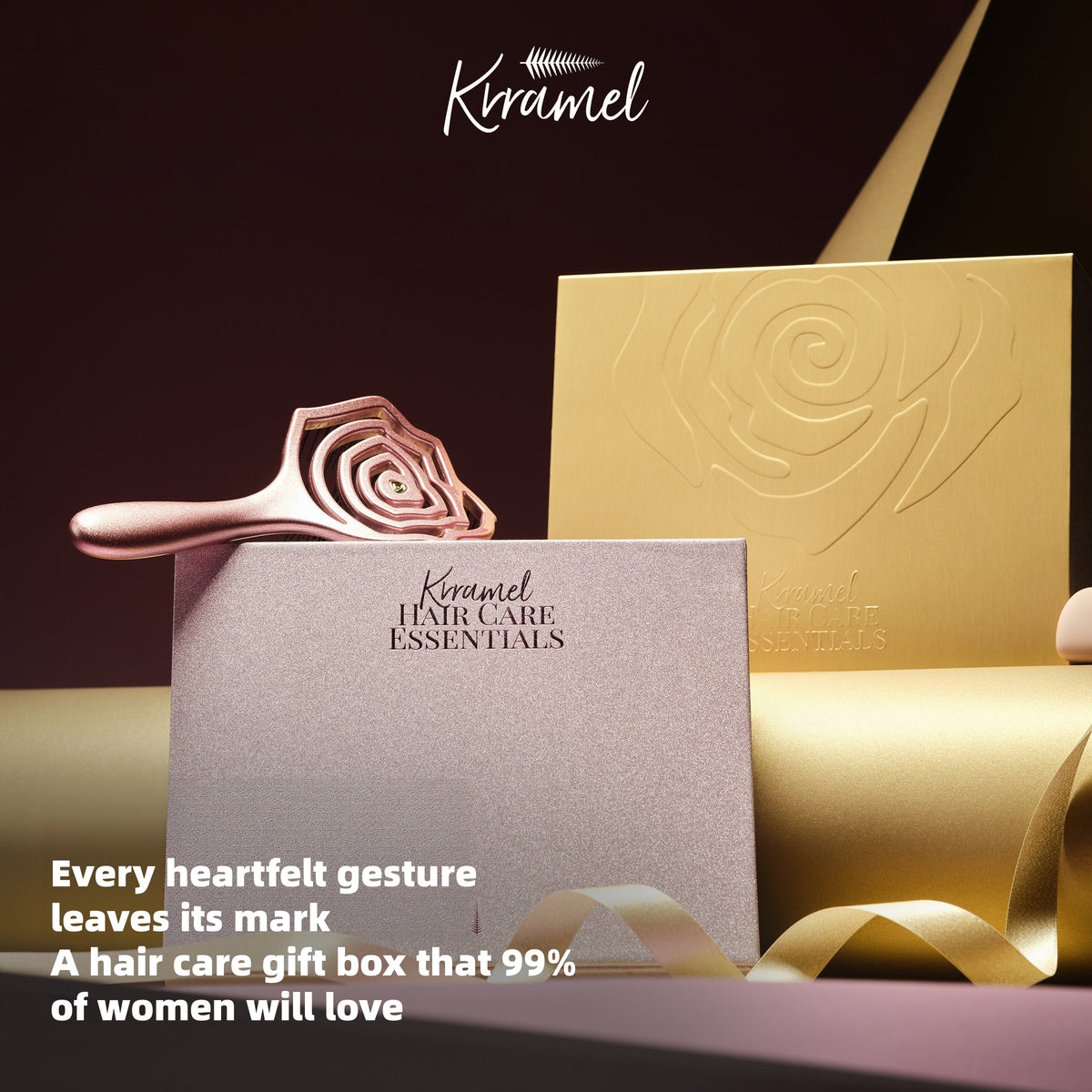 KRRAMEL Rose Gold Luxury Hairbrush: Anti-Static Detangling Brush with Air Cushion for Scalp Massage, Voluminous Roots & Hair Shine - 21.5cm Premium Gift Box