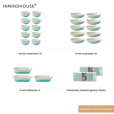 LA SOURCE Stoneware Dinnerware Set - Macaron Reactive Glaze Bowls, Deep Plates & Baking Dish for Modern Homes