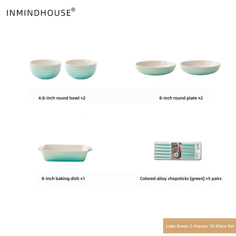 LA SOURCE Stoneware Dinnerware Set - Macaron Reactive Glaze Bowls, Deep Plates & Baking Dish for Modern Homes