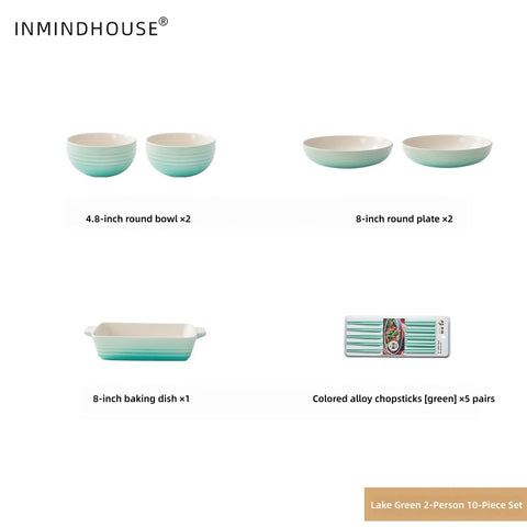 LA SOURCE Stoneware Dinnerware Set - Macaron Reactive Glaze Bowls, Deep Plates & Baking Dish for Modern Homes