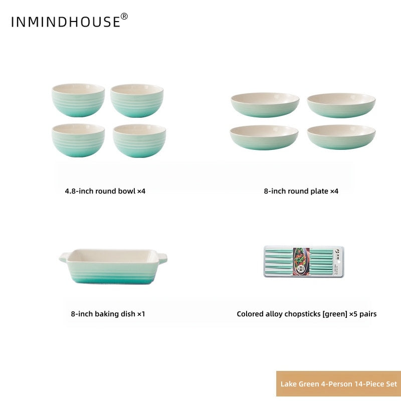 LA SOURCE Stoneware Dinnerware Set - Macaron Reactive Glaze Bowls, Deep Plates & Baking Dish for Modern Homes