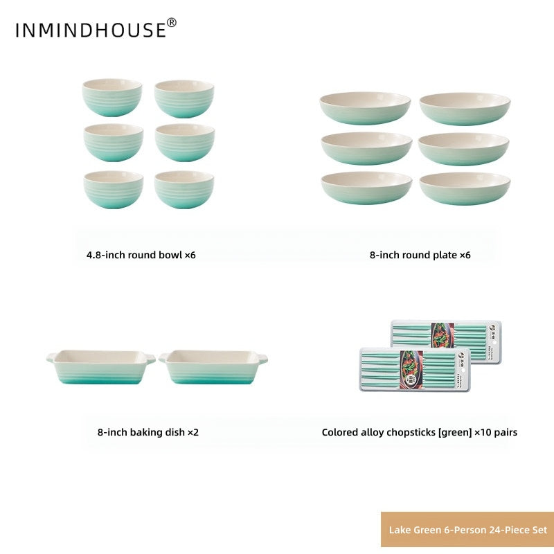LA SOURCE Stoneware Dinnerware Set - Macaron Reactive Glaze Bowls, Deep Plates & Baking Dish for Modern Homes